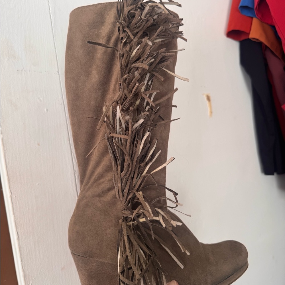 Fringe Suede Knee-High Boots - Brown